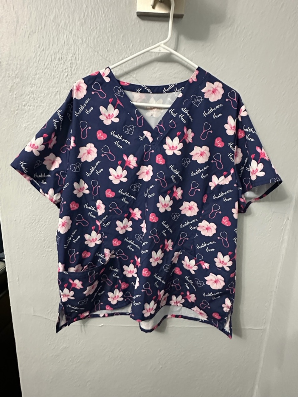 Floral Navy V-Neck Scrub Top with Pink Accents